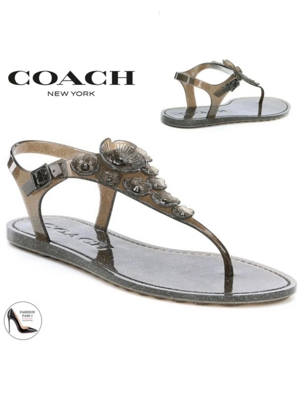 Coach Tea Rose Glitter Jelly Flat Thong Sandals Black Ankle Strap Summer Shoes 6